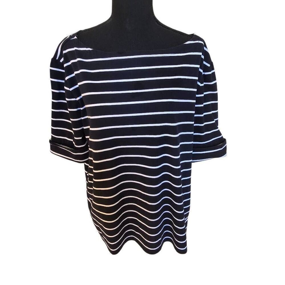 Lauren Ralph Lauren Womens Navy White Stripe Short Sleeve Pullover Tee Shirt 2XL